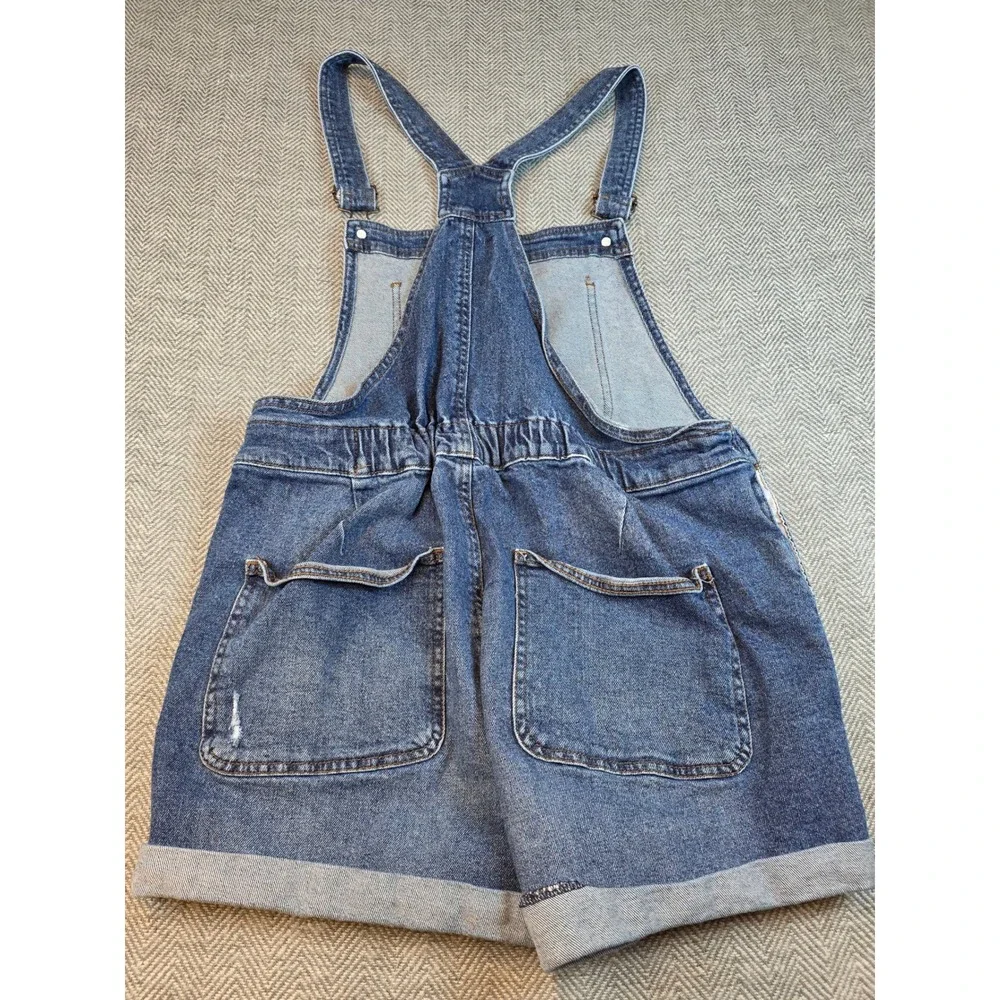 No Boundaries Women Distressed Denim Short Overall Medium Wash Blue Size L 11-13